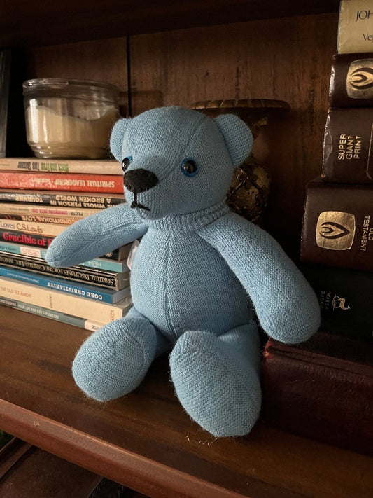 8 inch Mini Memory made from light blue sweater. The bear is sitting on a bookshelf.